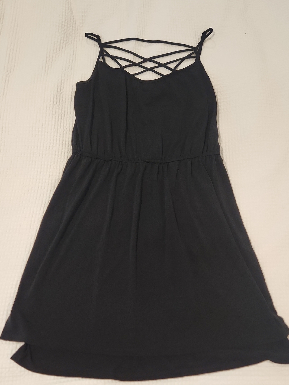 BCBGeneration Black Strappy Crisscross Dress, Shorter In Front Cinched Waist L